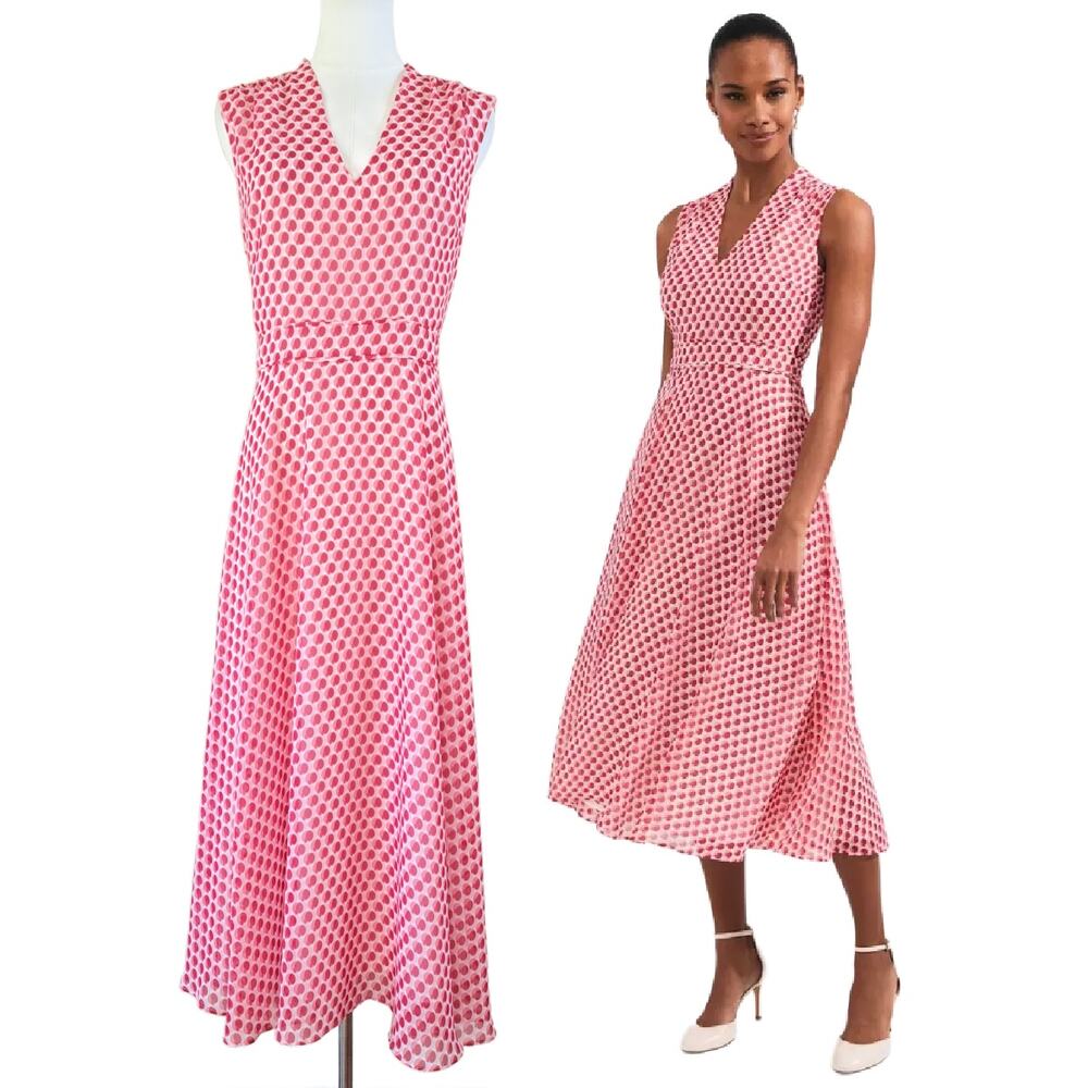 HOBBS London Lucy Fit & Flare Midi Dress Size 10 US Pink Geo Dot Sleeveless